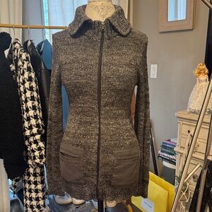 GAP Charcoal Wool Knit Zip-Up Sweater Cardigan Jacket w/ collar & pockets Large